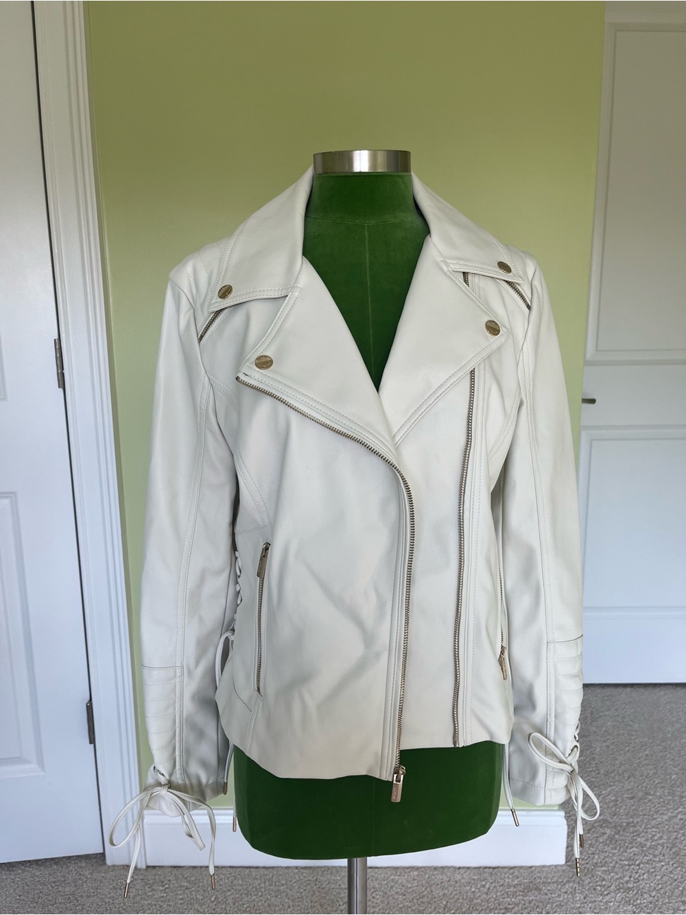 Guess White Leather Moto Jacket with Gold Hardware